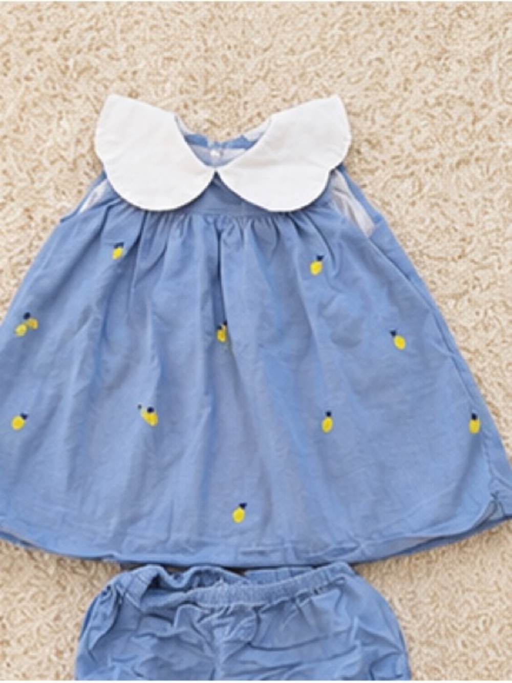 Jacadi Blue Baby Dress with White Peter Pan Collar and Lemon Embroidery